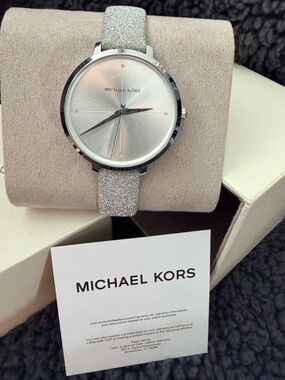 Michael Kors MK2793 Charley Silver Watch Glitter Strap Minimal Dial NWOT w/ Box